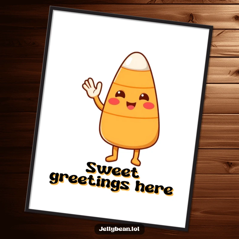Funny Candy Corn Poster showcasing a cute character extending a friendly wave, designed to add cheerful greetings to any space.