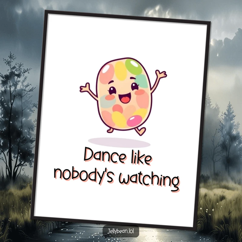 Funny Poster: A happy jelly bean character performs a jaunty dance, bringing vibrant energy and cheer to wall decor.