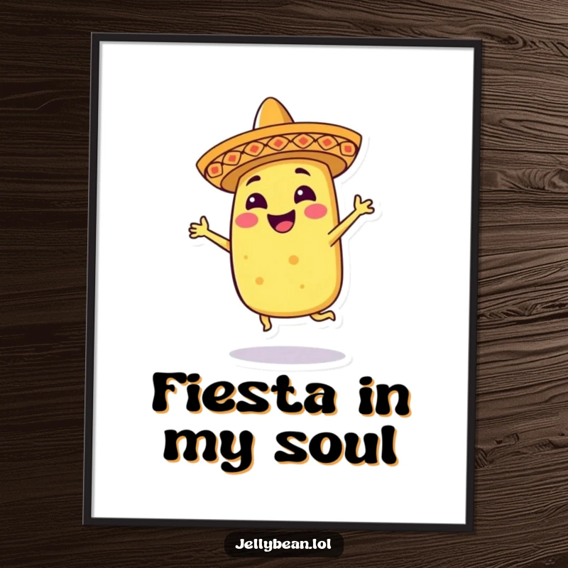 Funny poster depicting a smiling taco character in a tiny sombrero, performing an energetic dance, radiating pure fiesta joy and humor.
