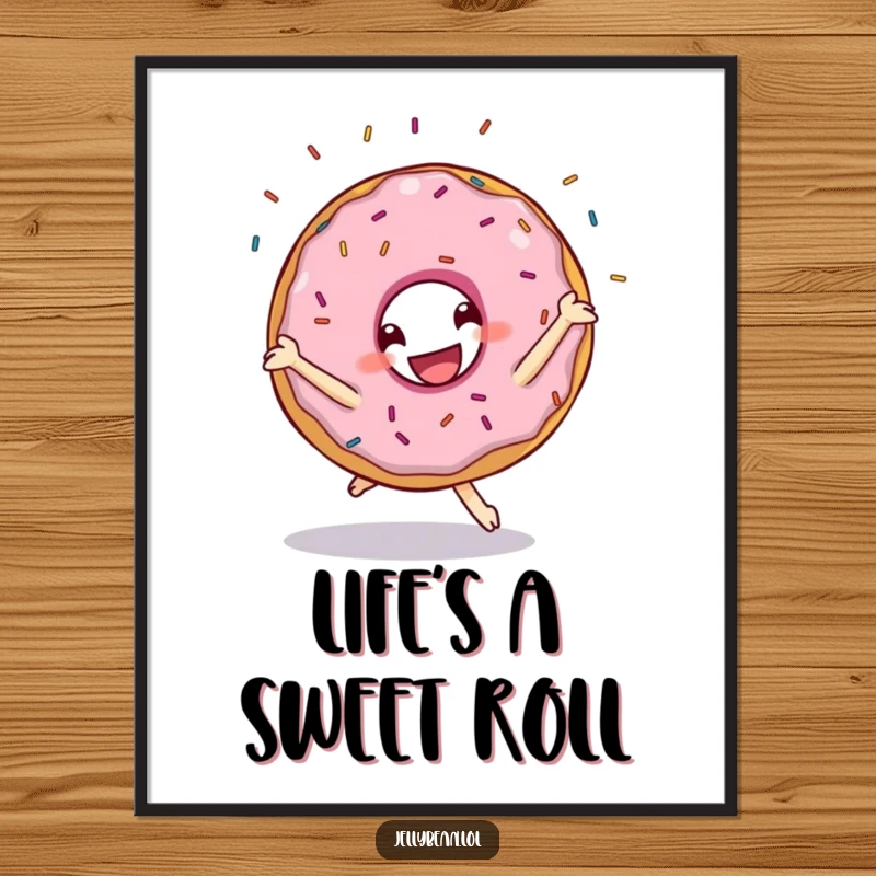 Funny poster of a grinning donut character performing a cartwheel with a shower of sprinkles, bringing dynamic, sugary humor to decor.