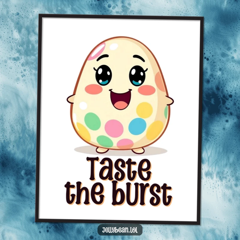 Funny Poster: A jelly bean character with a comically wide smile bursts with flavor, creating a visually exciting and humorous piece of art.