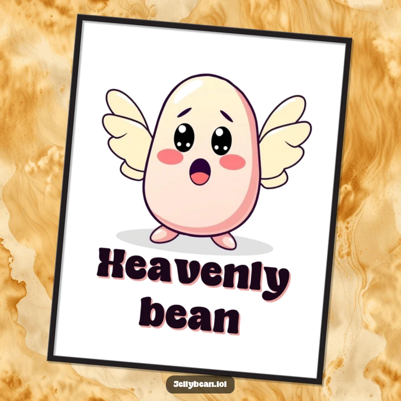 Funny poster of a jelly bean character with a surprised expression sprouting wings, capturing whimsical, funny transformation. An excellent funny gift.