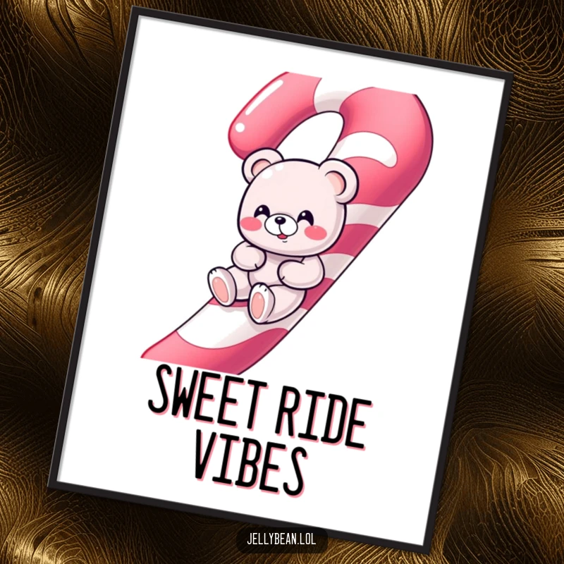 Funny giggling gummy bear character sliding down a giant candy cane on a colorful wall poster.