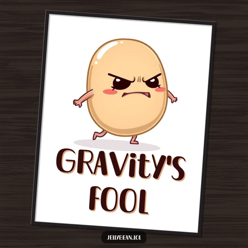 Funny jelly bean art print showing a grumpy character with a mischievous grin tripping comically over its own feet.