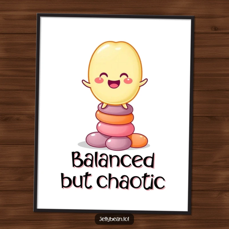 Funny poster showcasing a jelly bean character grinning while balancing on a high stack of candies, a delightful and humorous piece of art.