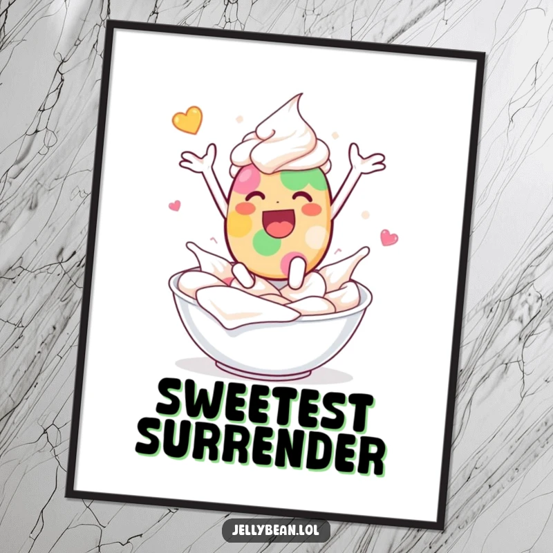 Funny poster featuring a jelly bean character leaping with delighted abandon into a bowl of fluffy whipped cream, capturing sweet bliss.
