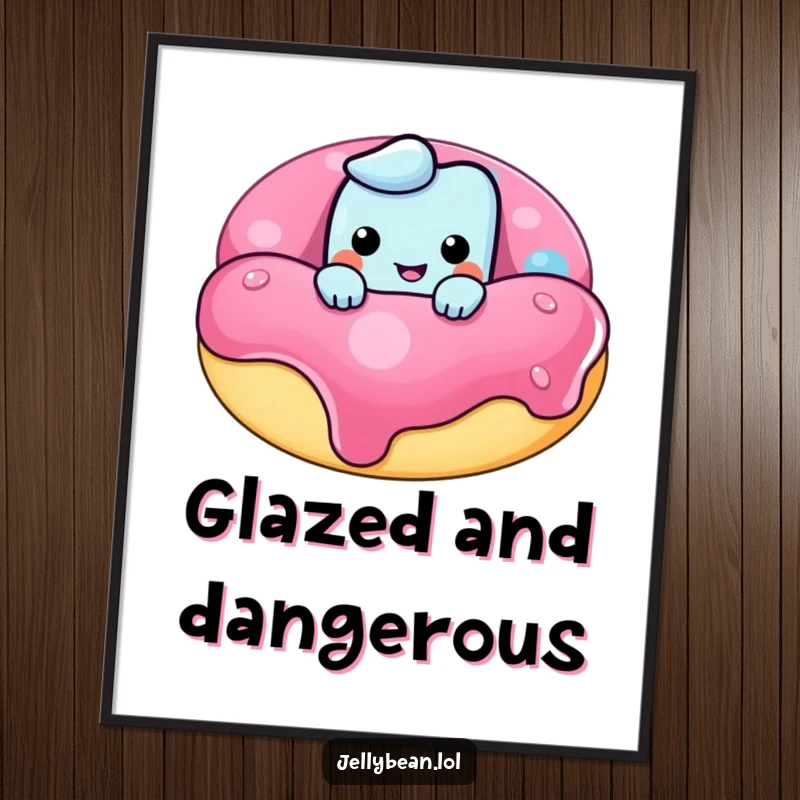 Funny poster depicting a mischievous jelly bean character with a sly grin, peering over a massive donut, adding humor to decor.