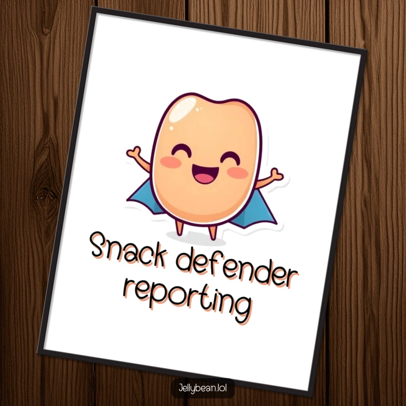 Funny jelly bean poster showcasing a joyful, caped jelly bean hero, bringing a funny vibe, perfect gift.