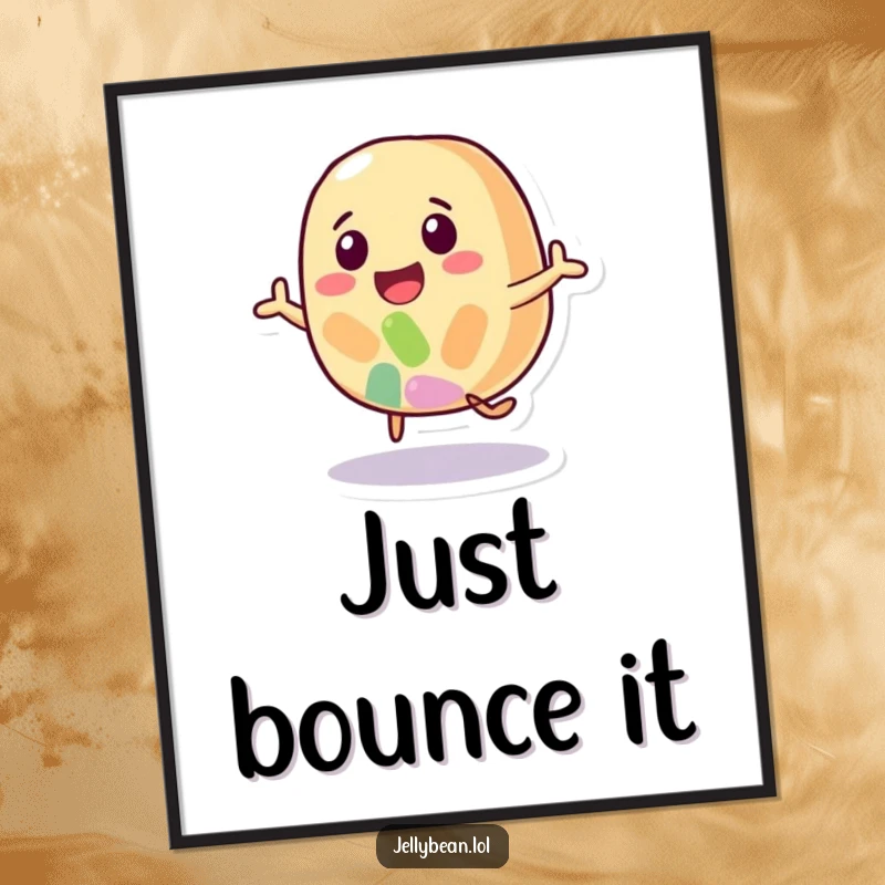 Funny poster art of a happy jelly bean character mid-bounce, radiating energy, happiness, and a sweet, playful vibe.