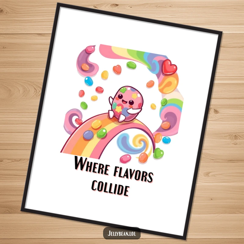 Funny Poster illustrating a giggling jelly bean character sliding down a vibrant rainbow made of swirling flavors, capturing playful delight.