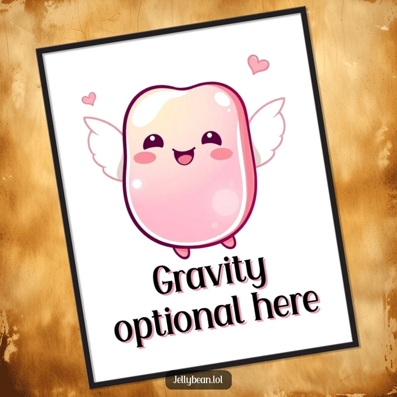 Funny poster of a jubilant jelly bean fluttering joyfully with tiny wings, spreading happiness through art.