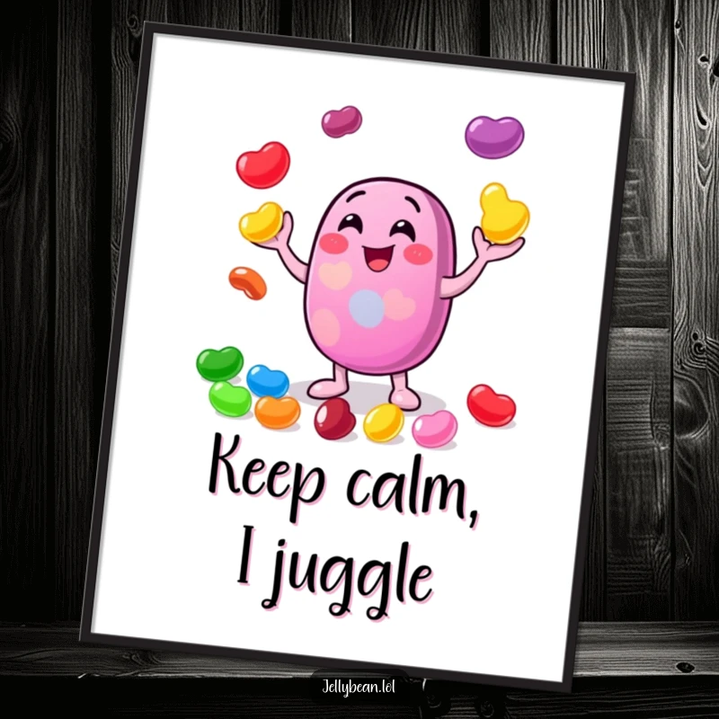 Funny poster print of a cheerful jelly bean character balancing multiple small, colorful jelly beans in the air with obvious glee and happiness.