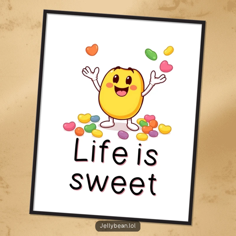 Funny poster of a smiley jelly bean character enthusiastically juggling smaller jelly beans, capturing vibrant, funny energy. An excellent funny gift.