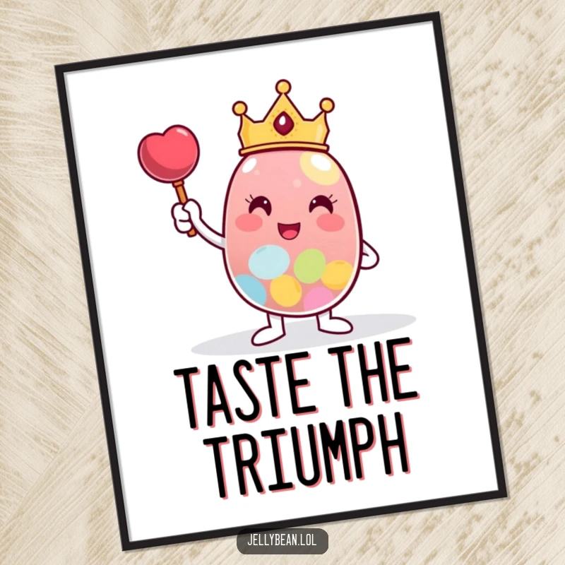 Funny Poster of a jelly bean character wearing a small crown, standing triumphantly beside a huge candy, symbolizing sweet success.