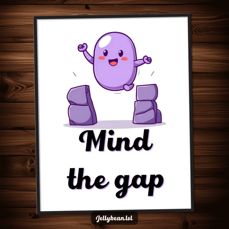 Funny purple jelly bean poster in mid-leap over a gap, a motivational and funny gift.