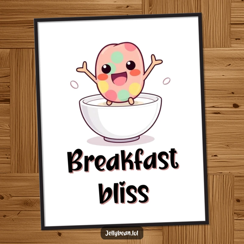 Funny jelly bean poster depicting a playful character leaping into milk, capturing a moment of dynamic action and humor, a humorous decorative piece.