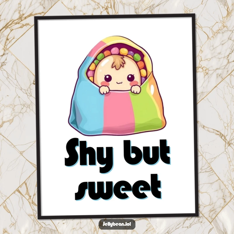 Funny Poster: A shy jelly bean character peeks from a colorful bag, adding whimsical charm and cuteness to wall art.