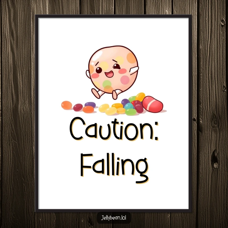 Funny Poster showcasing a jelly bean character comically slipping on scattered candy, capturing a moment of hilarious misfortune.