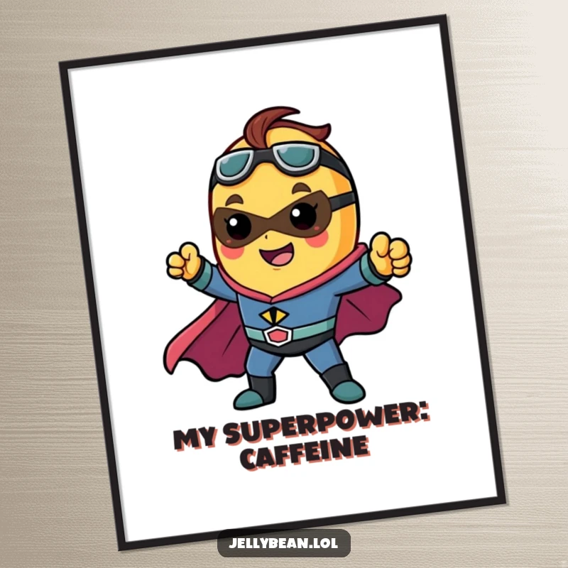 Funny poster showcasing a jelly bean character as a superhero, striking an action-packed, dynamic pose, ideal for motivational decor.
