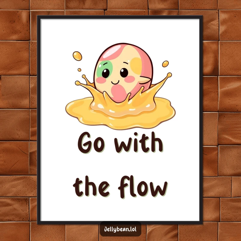 Funny Poster: A jelly bean character is captured mid-splash in a pool of syrup, radiating pure, unadulterated, sweet joy and playfulness.