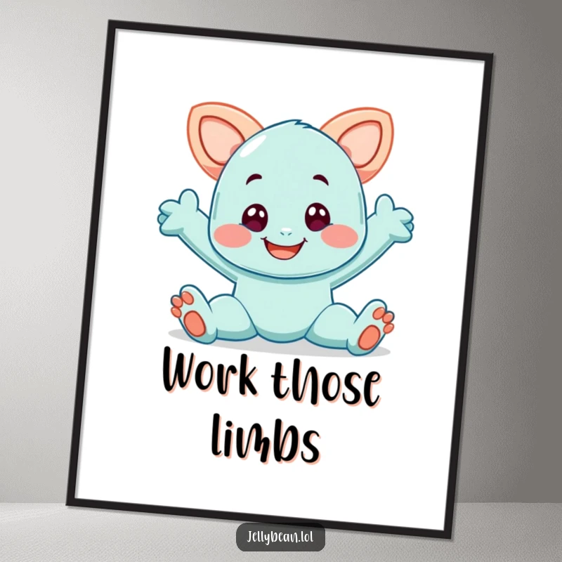 Funny poster art of a smiling taffy character in a dynamic, playful stretch, creating a flexible and cheerful atmosphere.