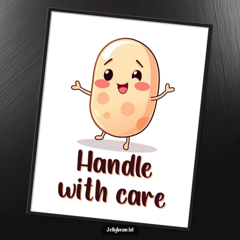 Funny jelly bean poster depicting a wobbly character trying to balance, capturing a humorous struggle and the charm of imperfection, a decorative piece.