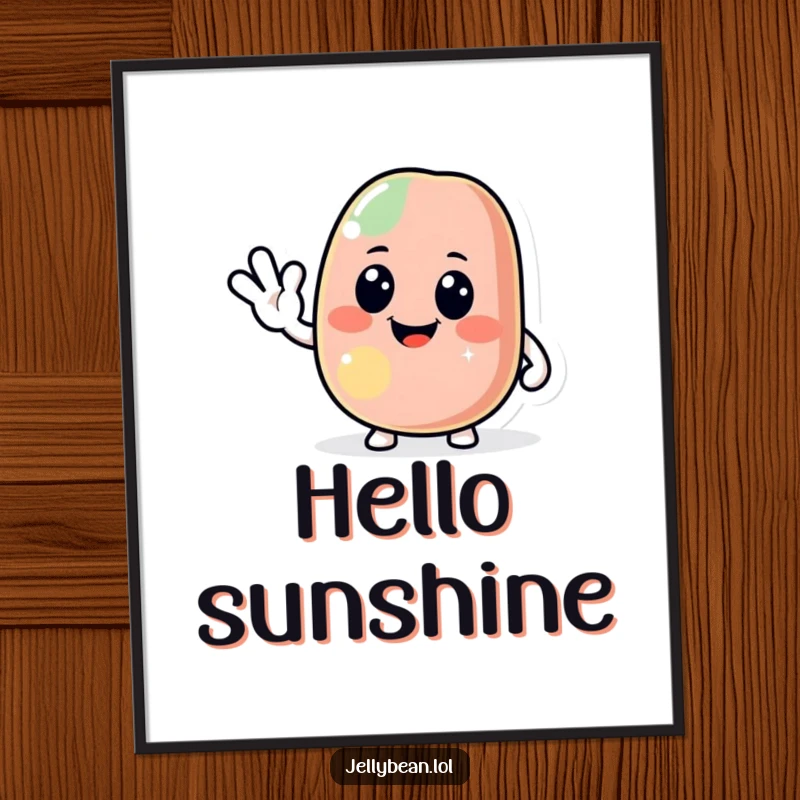 Funny jelly bean poster depicting a jolly character giving a friendly wave, radiating warmth and good humor, a cheerful and decorative piece.