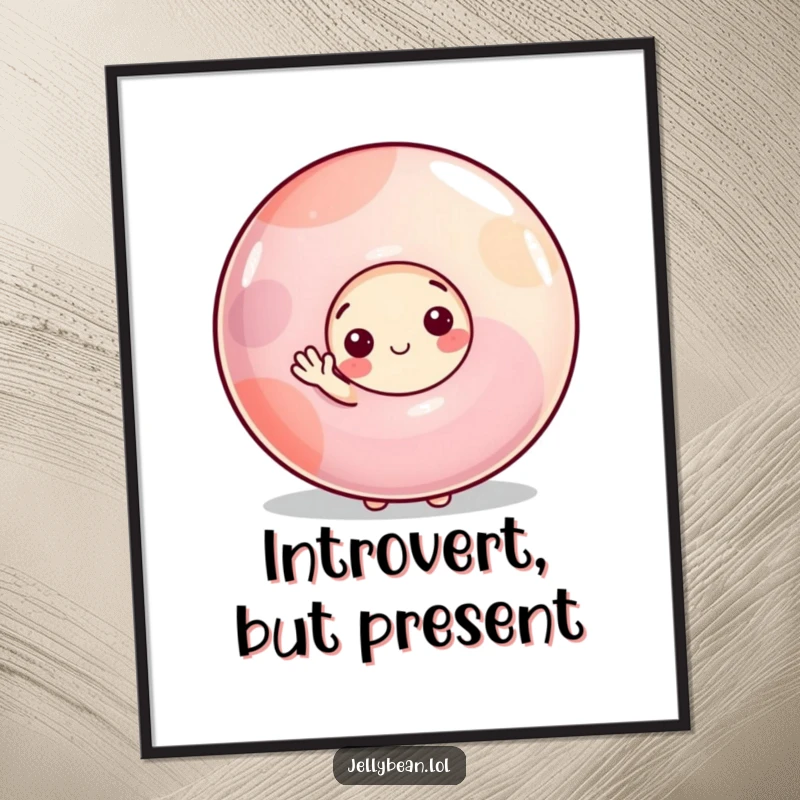 Funny poster print of a shy jelly bean character peeking from behind a large gumdrop, offering a small, timid wave with endearing shyness.