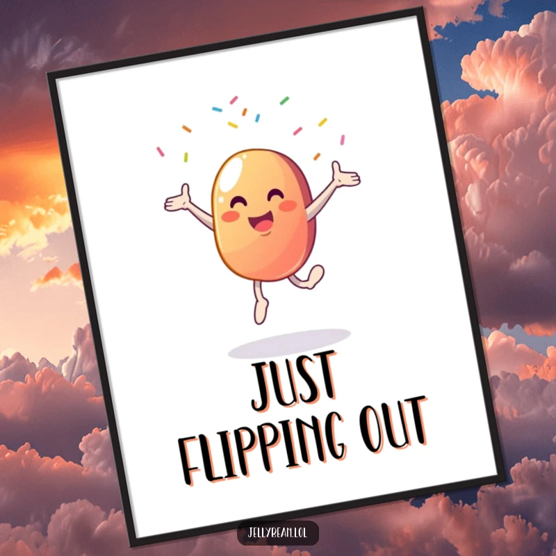 Funny poster illustrating a happy jelly bean character executing a flawless cartwheel, with sprinkles raining down like confetti.