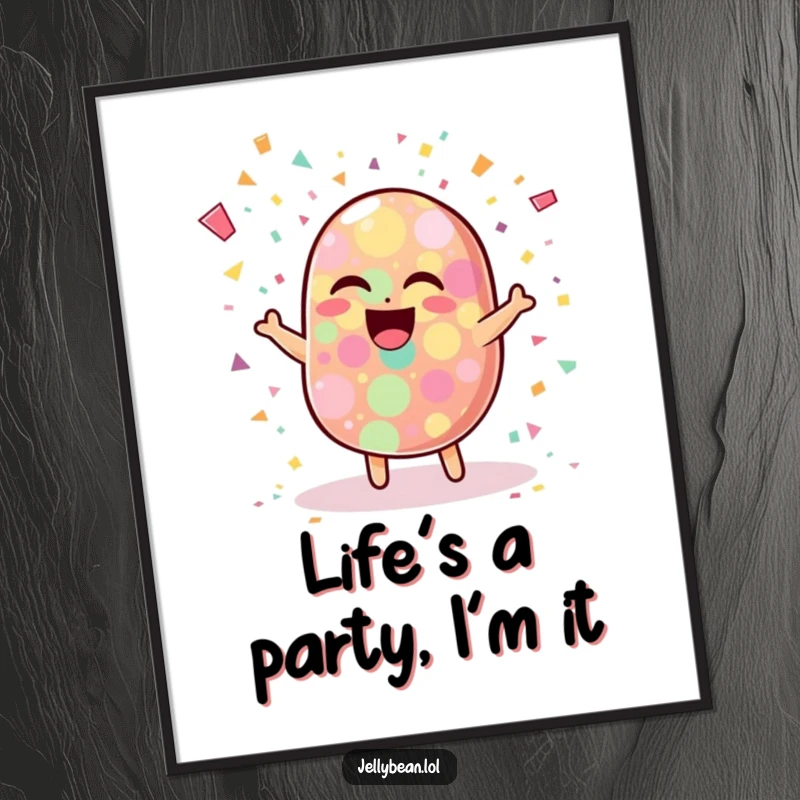 Funny poster print of a wobbly jelly bean character laughing uncontrollably, surrounded by a dynamic burst of colorful confetti, radiating pure joy.