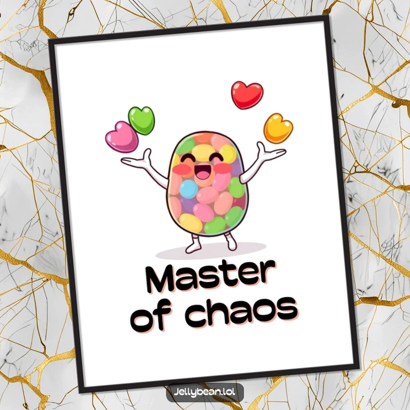 Funny Poster: A skillful anthropomorphic jelly bean juggles three smaller, colorful jelly beans. Great wall art for lovers of funny and talented illustrations.