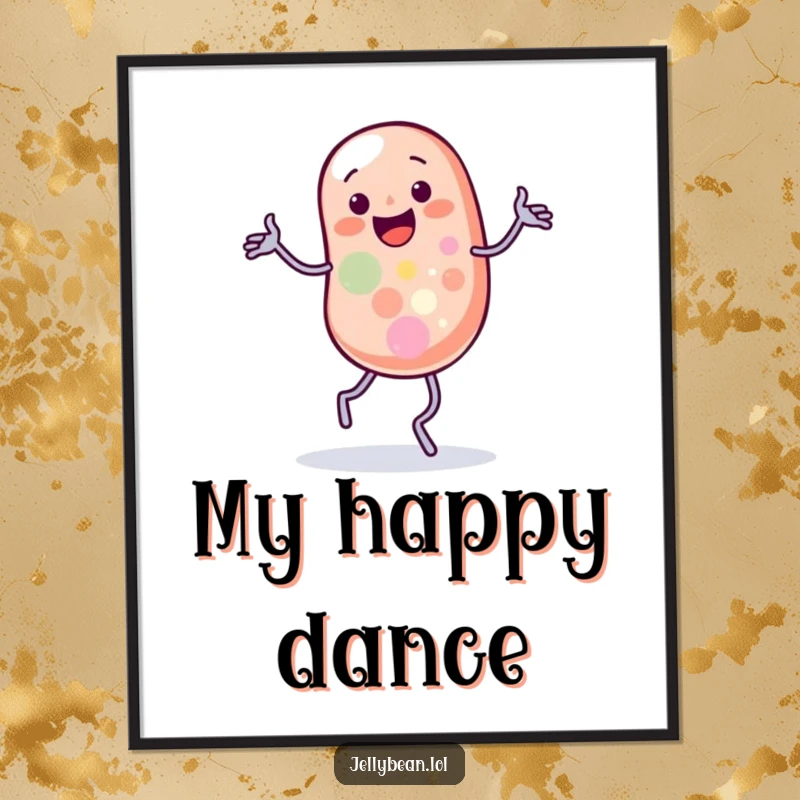 Funny poster of a jelly bean character performing a silly jig with comically wobbling legs, full of vibrant energy.