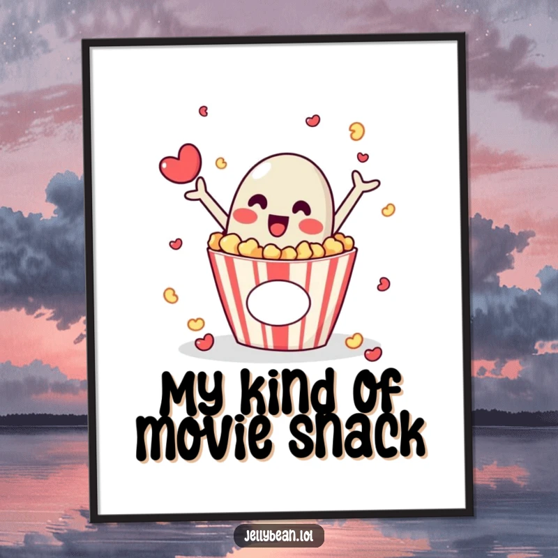 Funny poster showcasing a jelly bean character emerging with excitement from a popcorn box, ideal for dynamic wall decor.