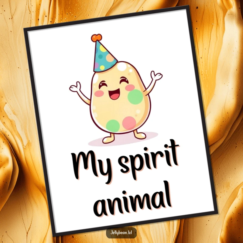 Funny poster artwork of an anthropomorphic jelly bean character in a party hat, captured mid-cheer, bringing vibrant energy.