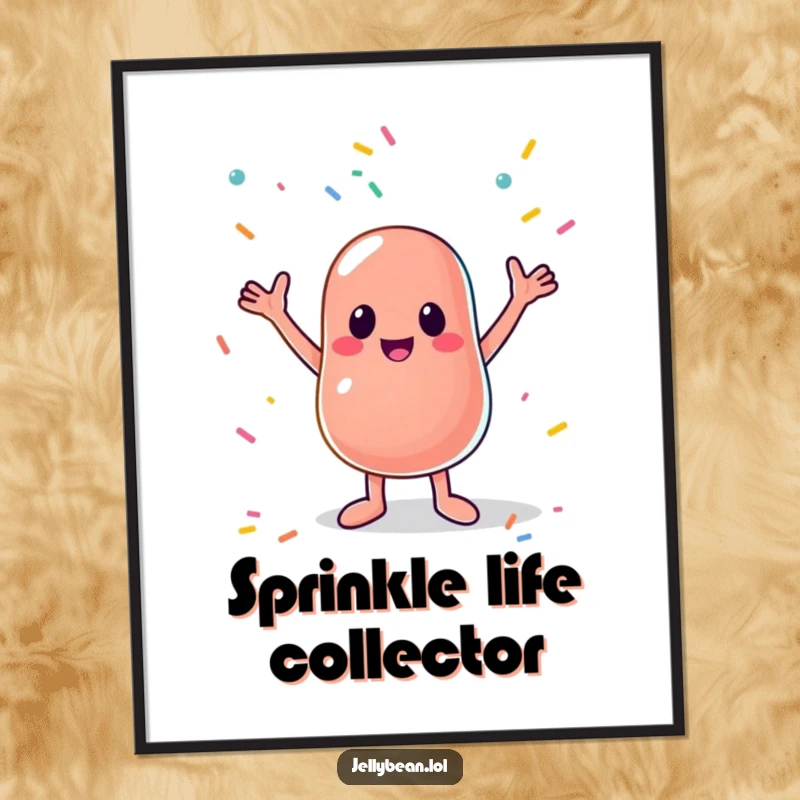 Funny poster of a cute anthropomorphic jelly bean with arms outstretched, catching a delightful flurry of sprinkles, adding a humorous touch to any space.