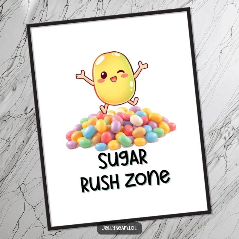 Funny poster art of an anthropomorphic jelly bean character joyfully diving into a massive, vibrant heap of various candies.