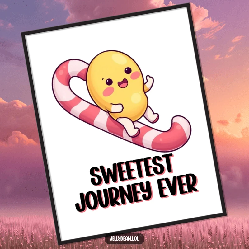 Funny Poster showcasing a jelly bean character happily riding a giant candy cane, embodying pure sugary bliss.