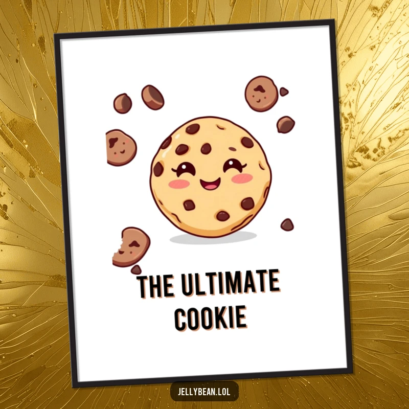Funny poster art of a delighted chocolate chip cookie with a big grin, creating a cheerful and mouth-watering display.