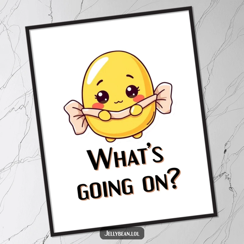 Funny curious yellow jelly bean poster peeking from a wrapper, an intriguing and funny gift.