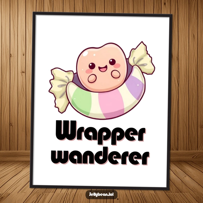 Funny poster of a cheerful anthropomorphic jelly bean blissfully floating on a large candy wrapper, a sweet and humorous piece of art.