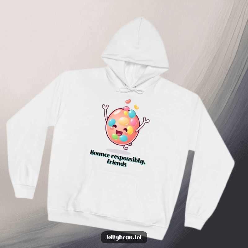 Funny hoodie with a joyful jelly bean character energetically bouncing on its head, designed for ultimate comfort and humor.