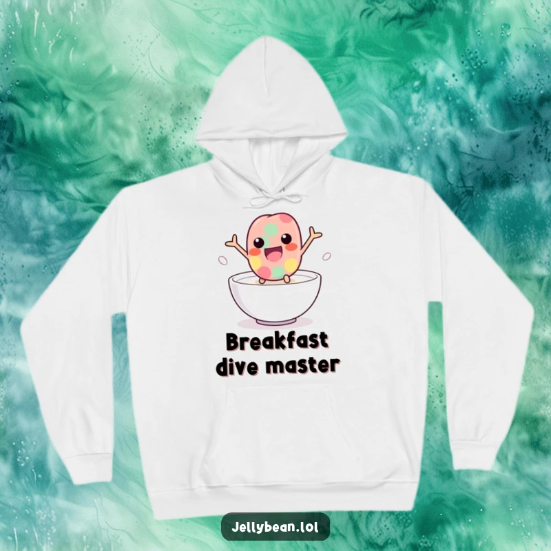 Funny jelly bean hoodie with a playful character leaping into milk, offering warmth and humor, a cozy and amusing apparel item, a perfect funny gift.