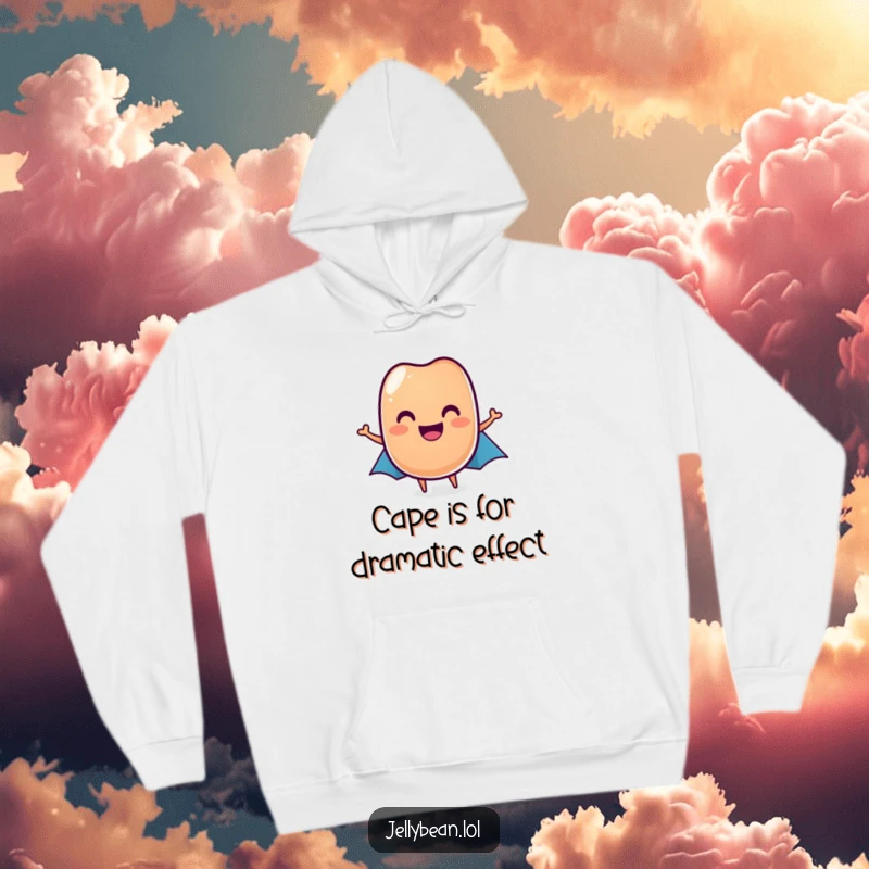 Funny jelly bean hoodie showing a happy jelly bean hero with a flowing cape, a super funny gift.