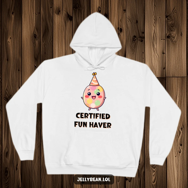 Funny jelly bean hoodie showcasing a delighted character in a tiny party hat, radiating happiness and festive cheer, a warm and funny present.