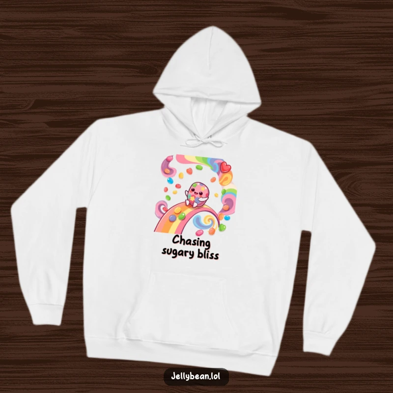 Funny Hoodie depicting a giggling jelly bean character smoothly sliding down a swirling, flavorful rainbow, embodying pure, carefree joy.