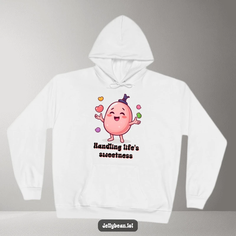 Funny hoodie with a happy jelly bean character masterfully juggling small candies, perfect for cozy days and sweet escapes.