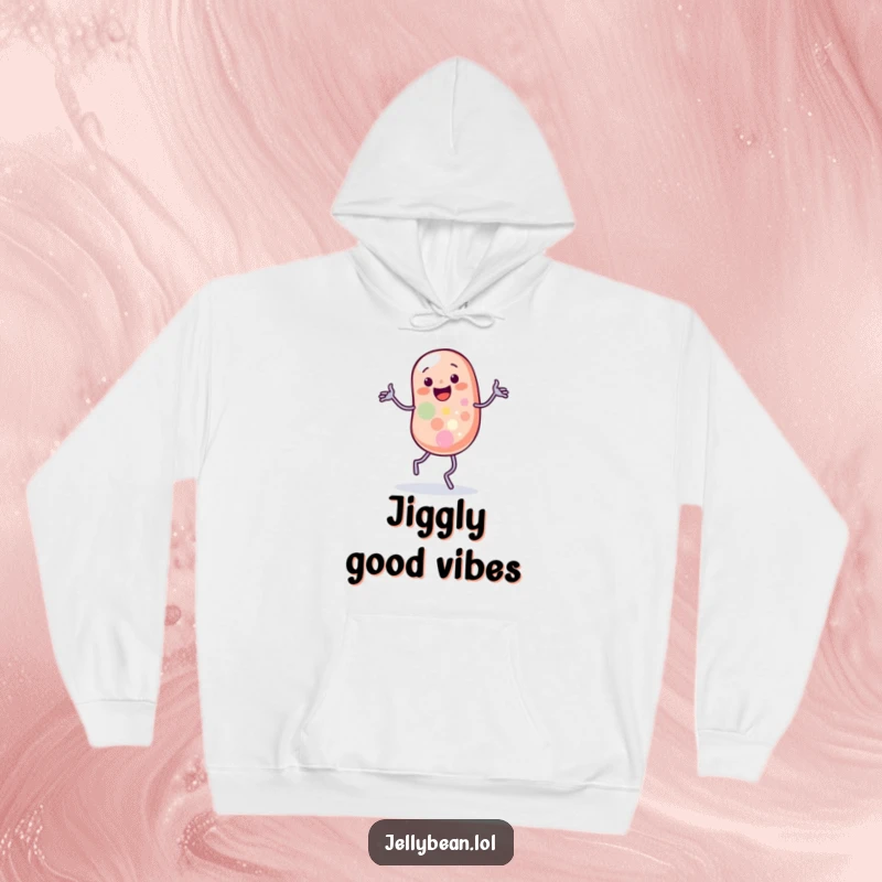 Funny hoodie featuring a jelly bean character doing a silly jig with wobbling legs, radiating cheerful movement.