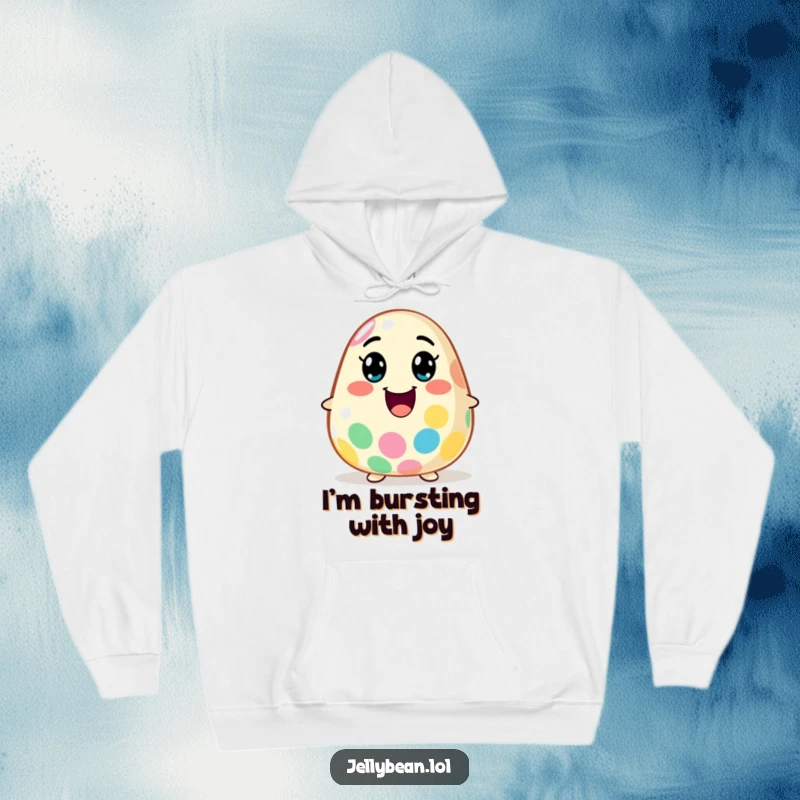 Funny Hoodie: A jelly bean character with a wide smile explodes with flavor, offering warmth and a burst of humorous energy.