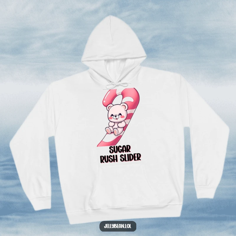 Funny giggling gummy bear character sliding down a giant candy cane on a soft, warm hoodie.