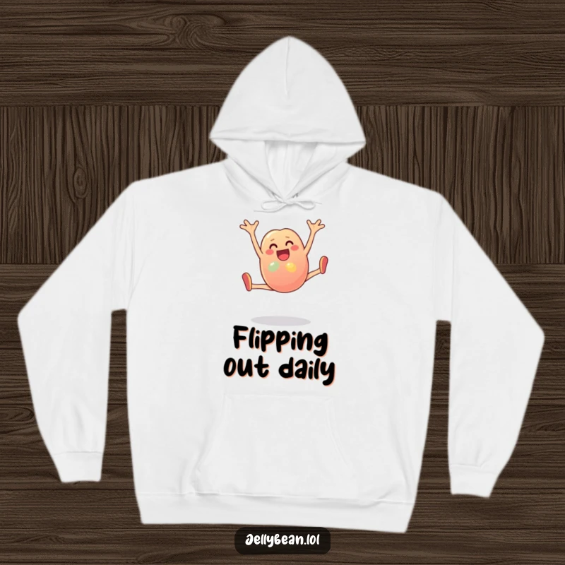 Funny Hoodie: An energetic anthropomorphic jelly bean character does a cartwheel. Ideal for fans of cute, funny, and playful graphic hoodies.